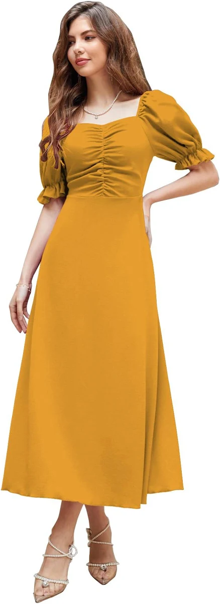 women's solid a line ruched puff sleeve maxi long evening one piece long women's solid a line ruched puff sleeve maxi long evening one piece long