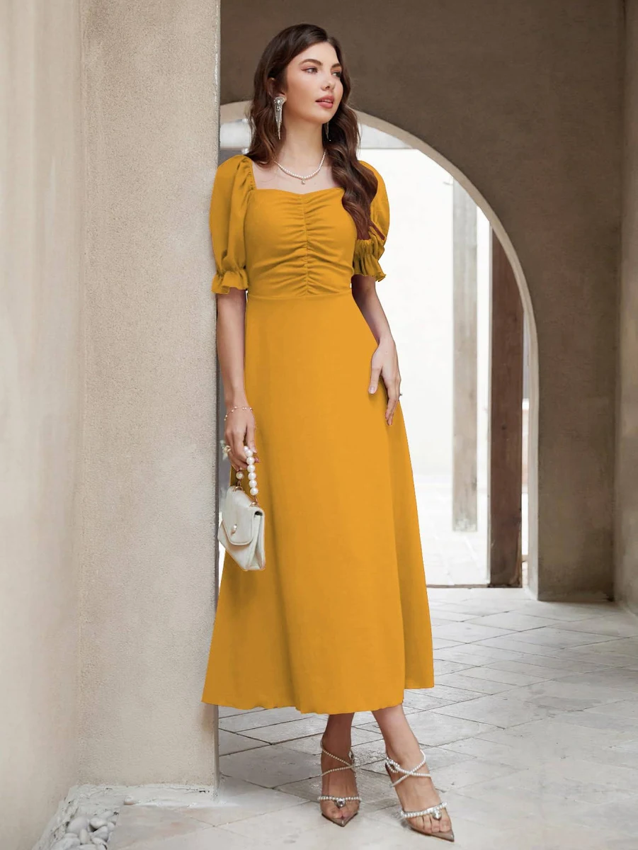 women's solid a line ruched puff sleeve maxi long evening one piece long women's solid a line ruched puff sleeve maxi long evening one piece long