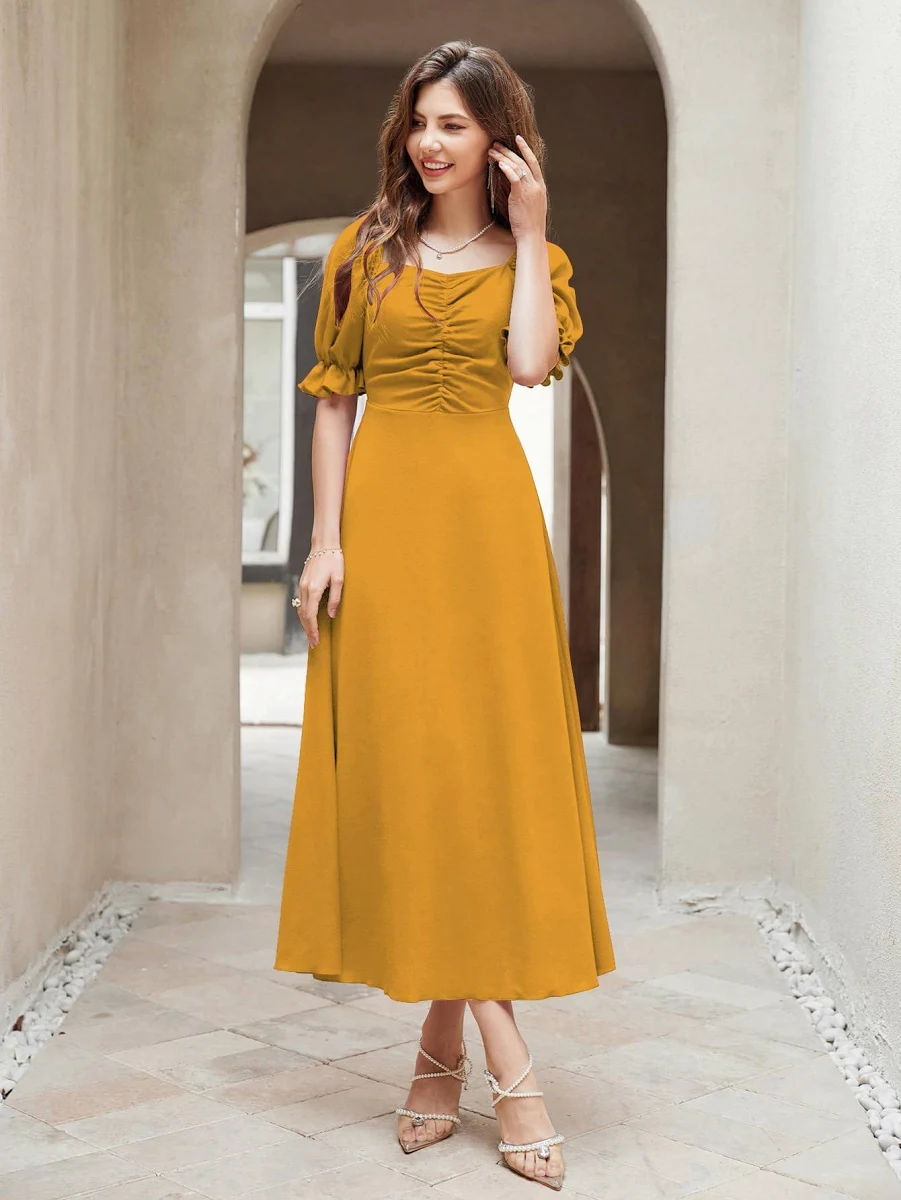 women's solid a line ruched puff sleeve maxi long evening one piece long women's solid a line ruched puff sleeve maxi long evening one piece long
